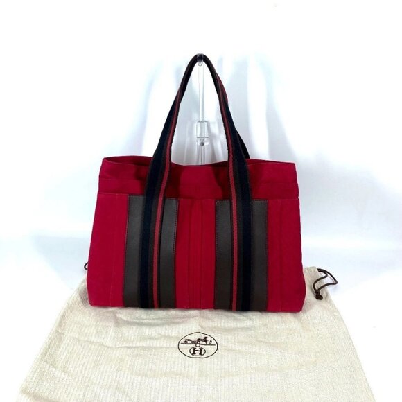 HERMES Toroca Horizontal MM Bag Tote Bag Shoulder Bag Canvas Red/Black - Picture 1 of 11